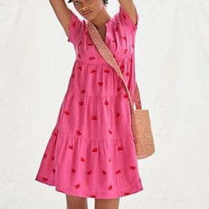 Maeve Pink Embroidered Midi Dress w/Red Embroidery